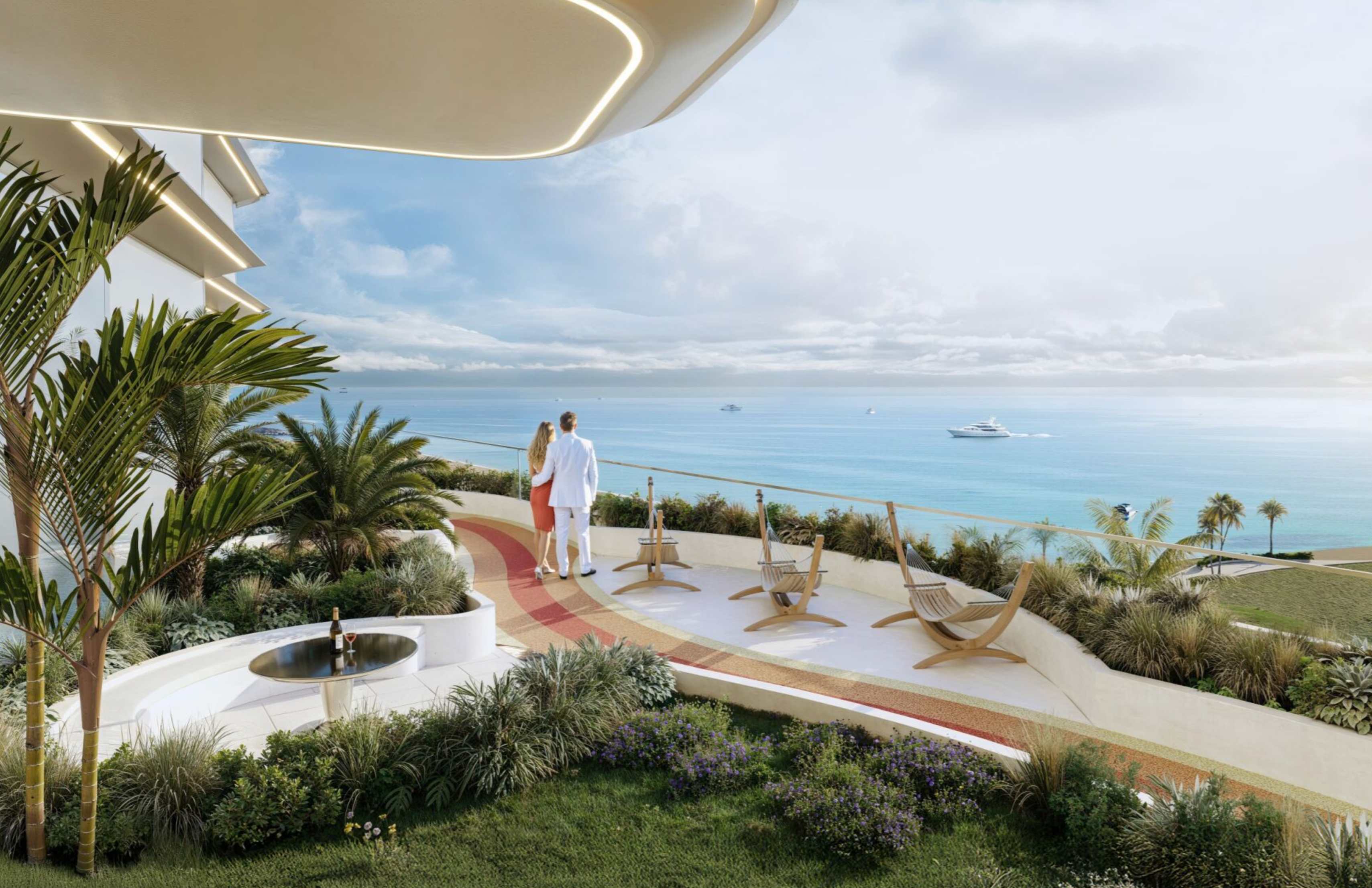 Private terrace with ocean views and modern furniture