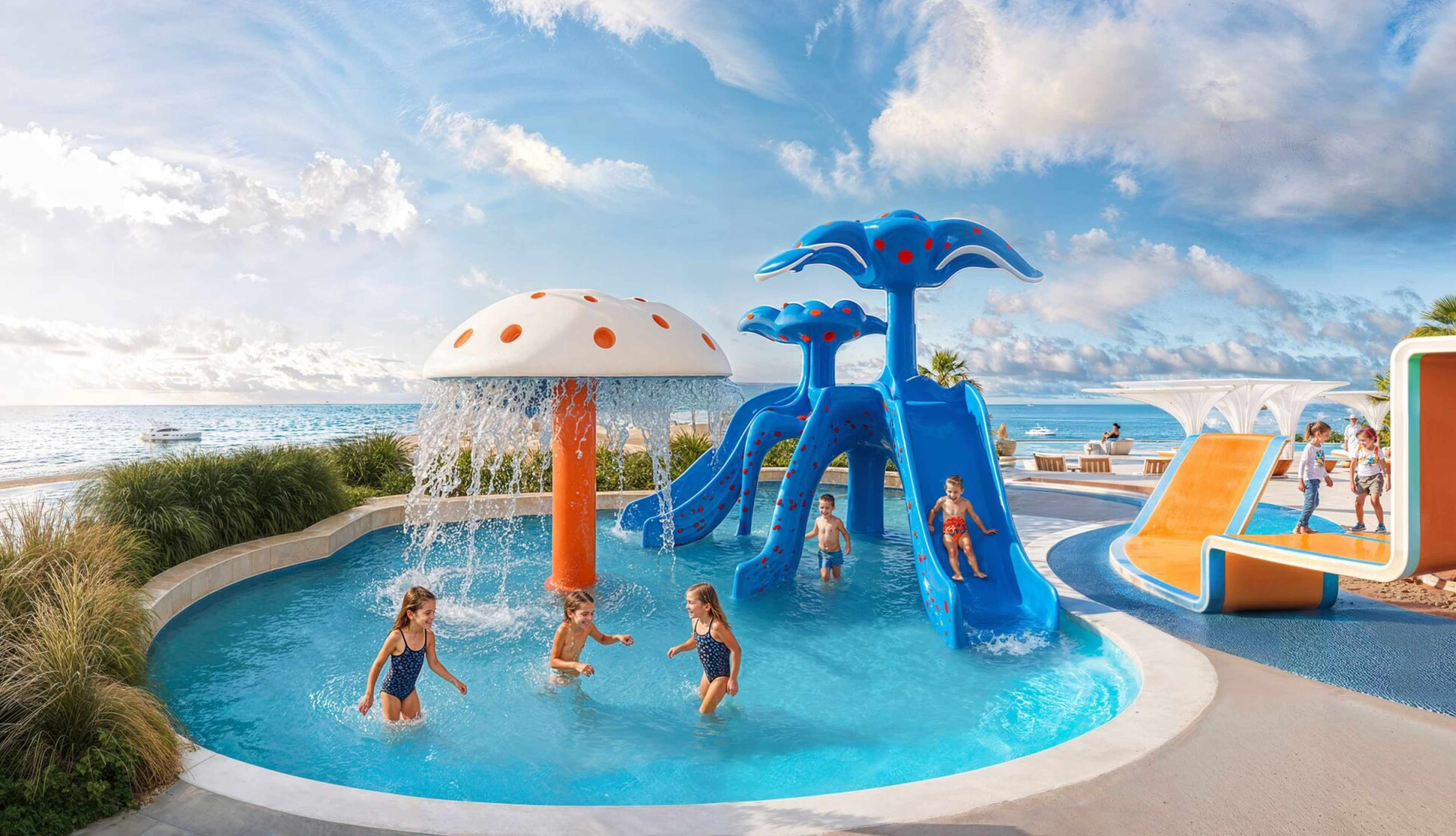 Kids water play area with splash features
