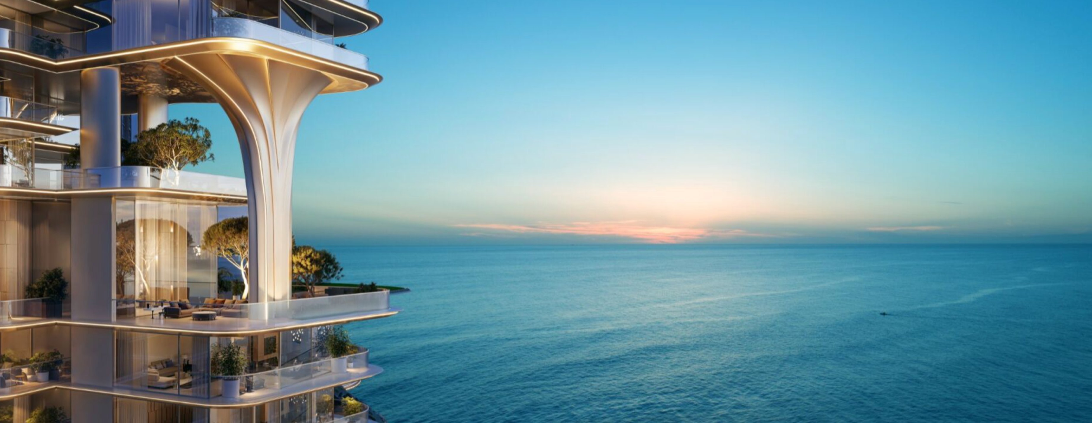 Close-up of curved architecture with ocean views